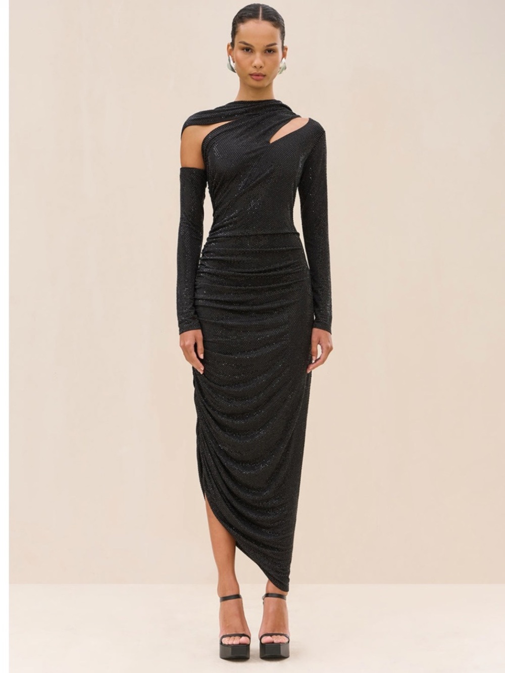 Cult Gaia Kumasi Allover Crystal Rhinestone Embellished Ruched Maxi Cutout Gown